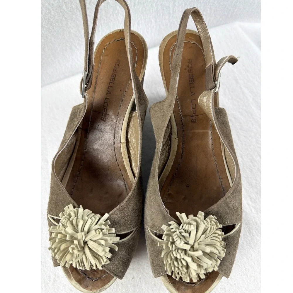 Rossella Lopes Italy Sz 11 Suede Wedge Sandals Slingback Peep Toe Pom Pom Brown